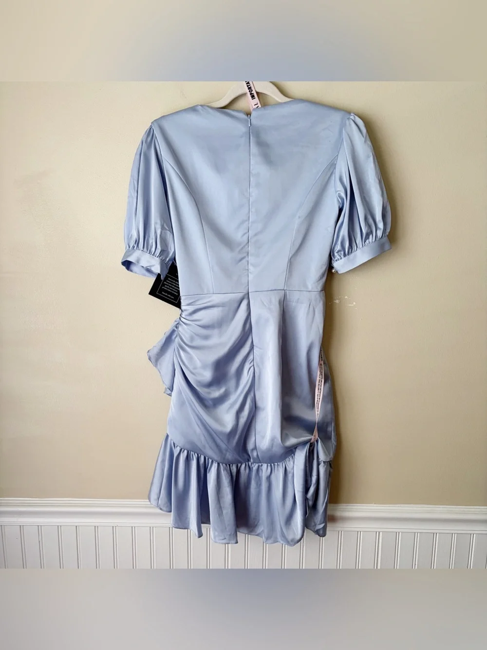 Ieena for Mac Duggal | Short Puff Sleeve Faux Wrap Mini Dress Powder Blue Size 0